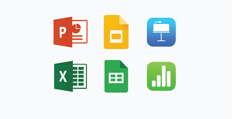PowerPoint, Google Slides, Keynote, Excel, and Google Sheets